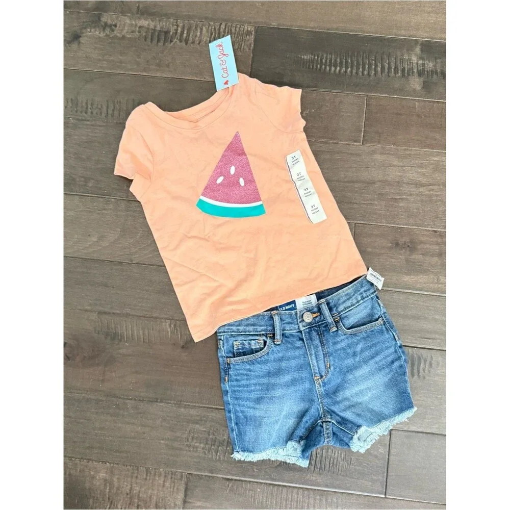 Cat & Jack Old Navy Outfit Set Jean Shorts Watermelon T-Shirt Tee Toddler Girl